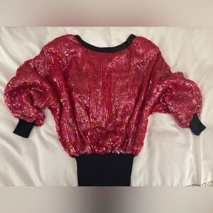 Vintage Red Sequin Black Trim Dolman Long Sleeve Top Shirt Free Size Silk 80’s